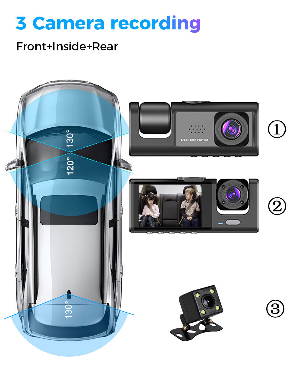 1080P Car Dash Camera Video DVR Recorder Front&Inside Night Vision 3 Cam