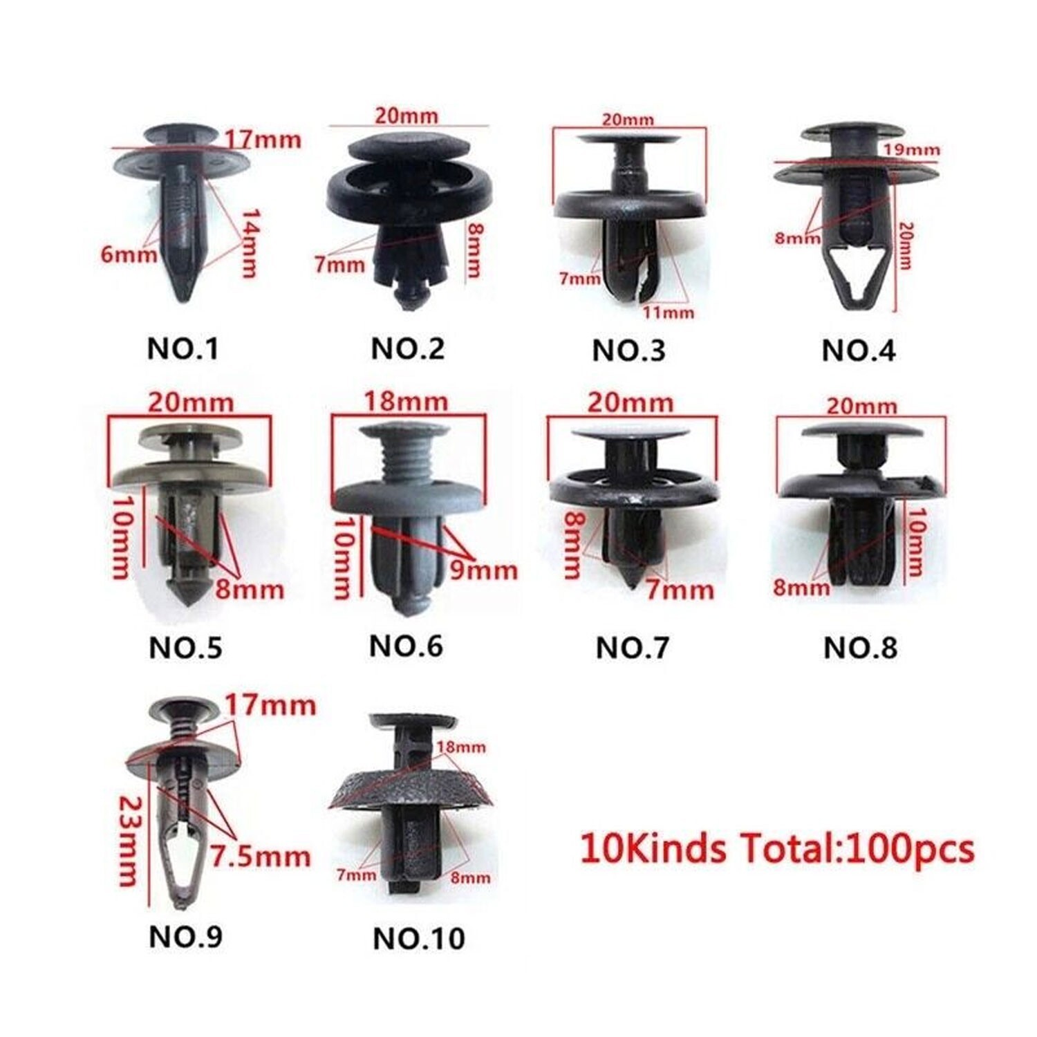 100PCS 10 SIZES Bumper Clips Car Hole Retainer Rivets Fastener Fender 6 7 8 9 mm