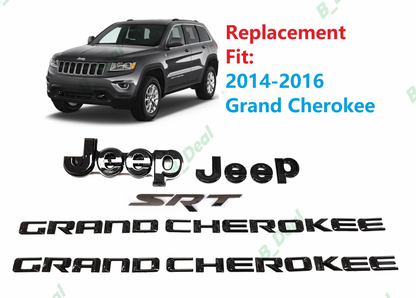Gloss Black Front Rear Jeep Door Letters SRT Emblems 2014-2016 Grand Cherokee