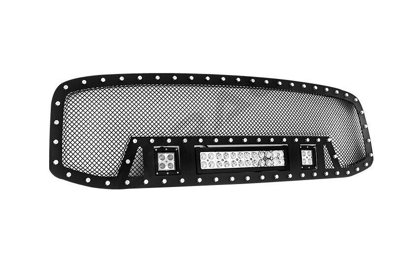 Black SS Mesh Grille Cutout Insert+LED Lights for 06-08 Dodge RAM 1500/2500/3500