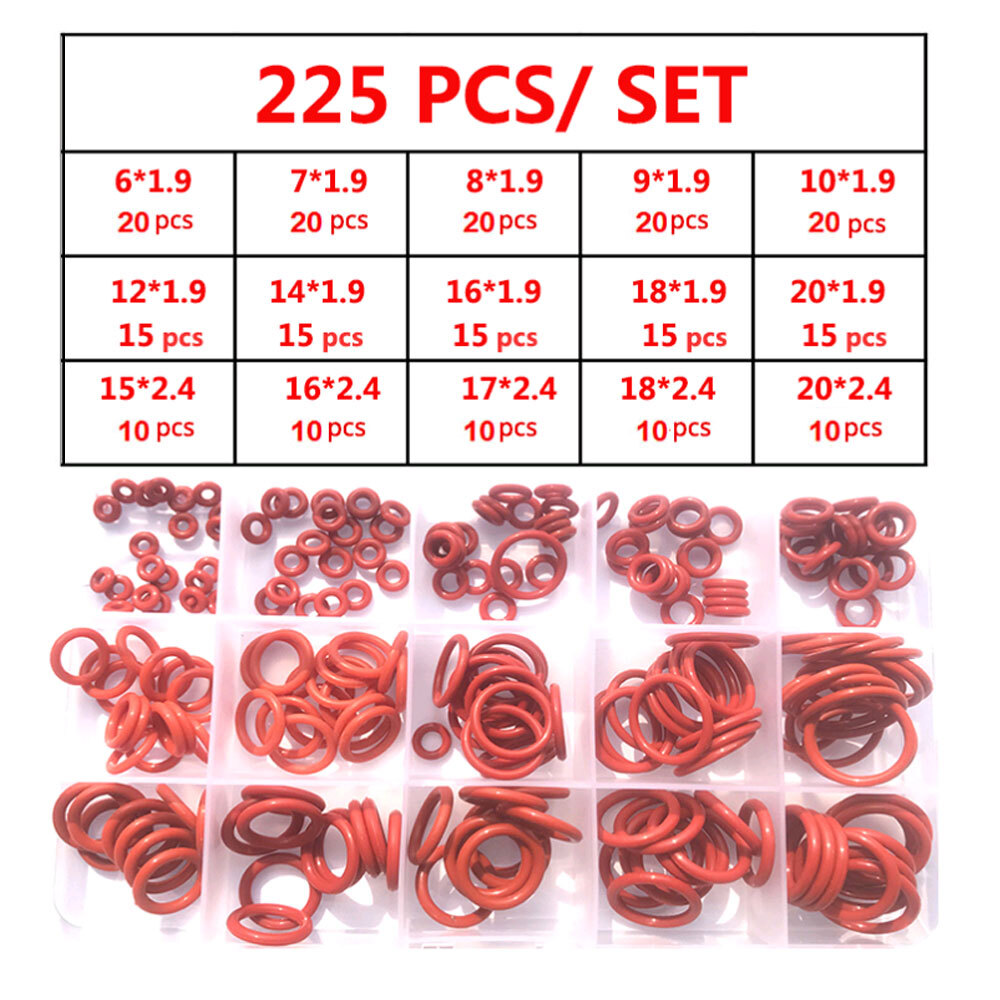 225Pcs Red O-Ring VMQ Seal Sealing O-Ring Washer Rubber O-Rings Assortment Set