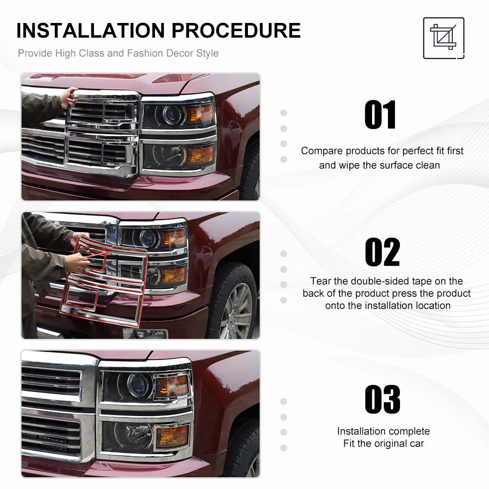 Chrome Headlight Front Lamp Trim Bezel Covers For Chevy Silverado 1500 2014-2015