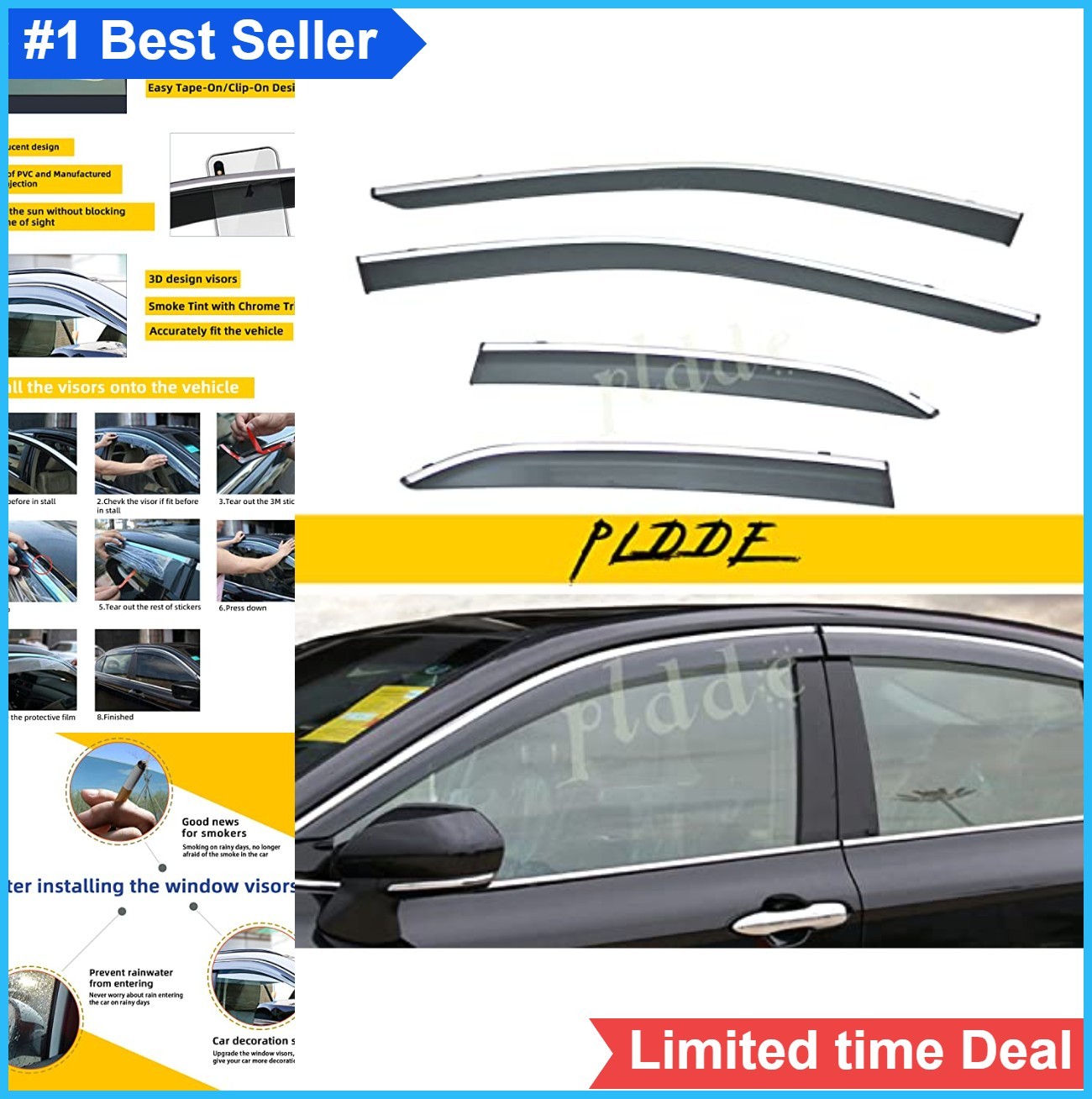 4pcs Smoke Tint Chrome Trim Window Visors 2018-2024 Camry Outside Mount Tape On