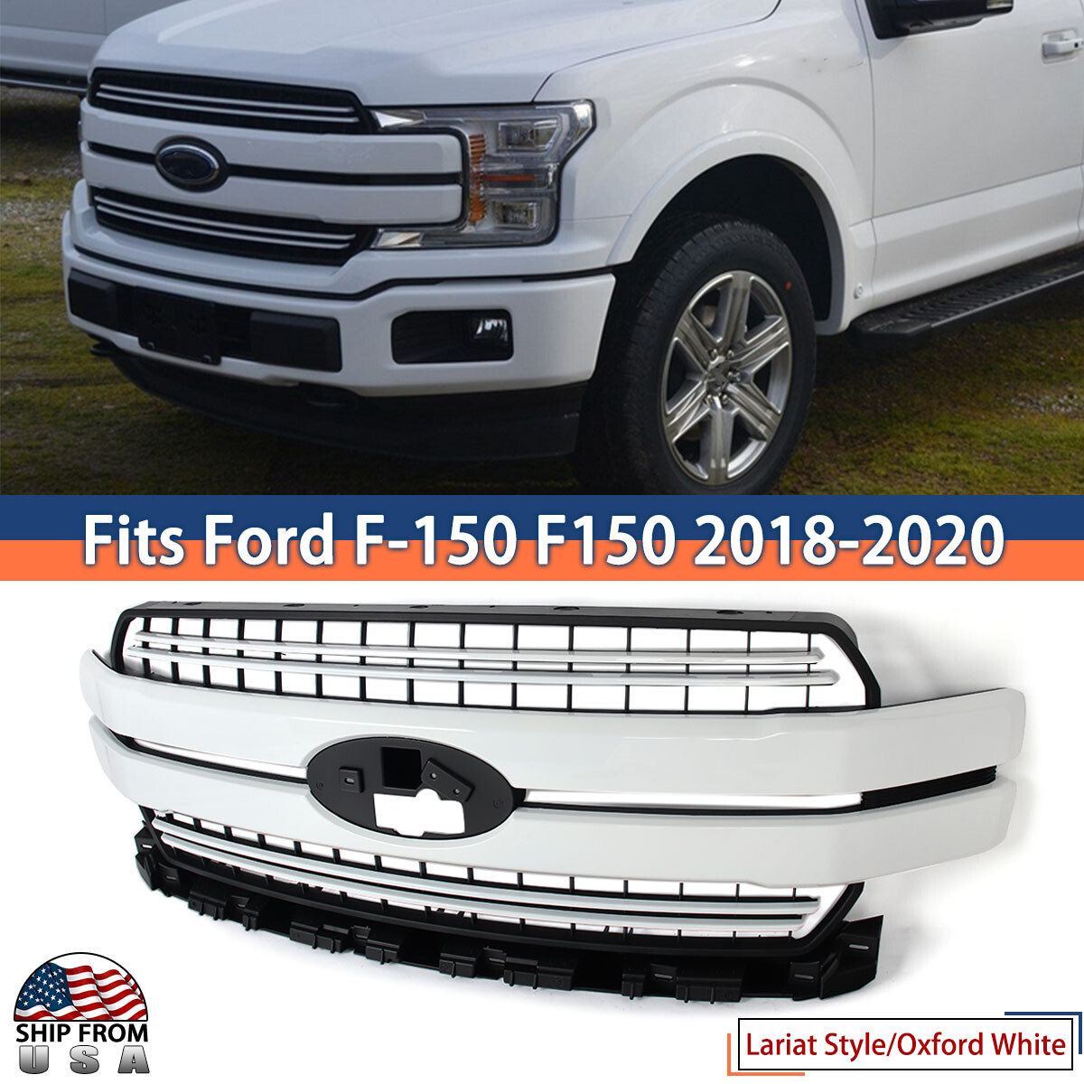 Oxford White Front Bumper Grille Grill For 2018-20 Ford F-150 F150 Lariat Style