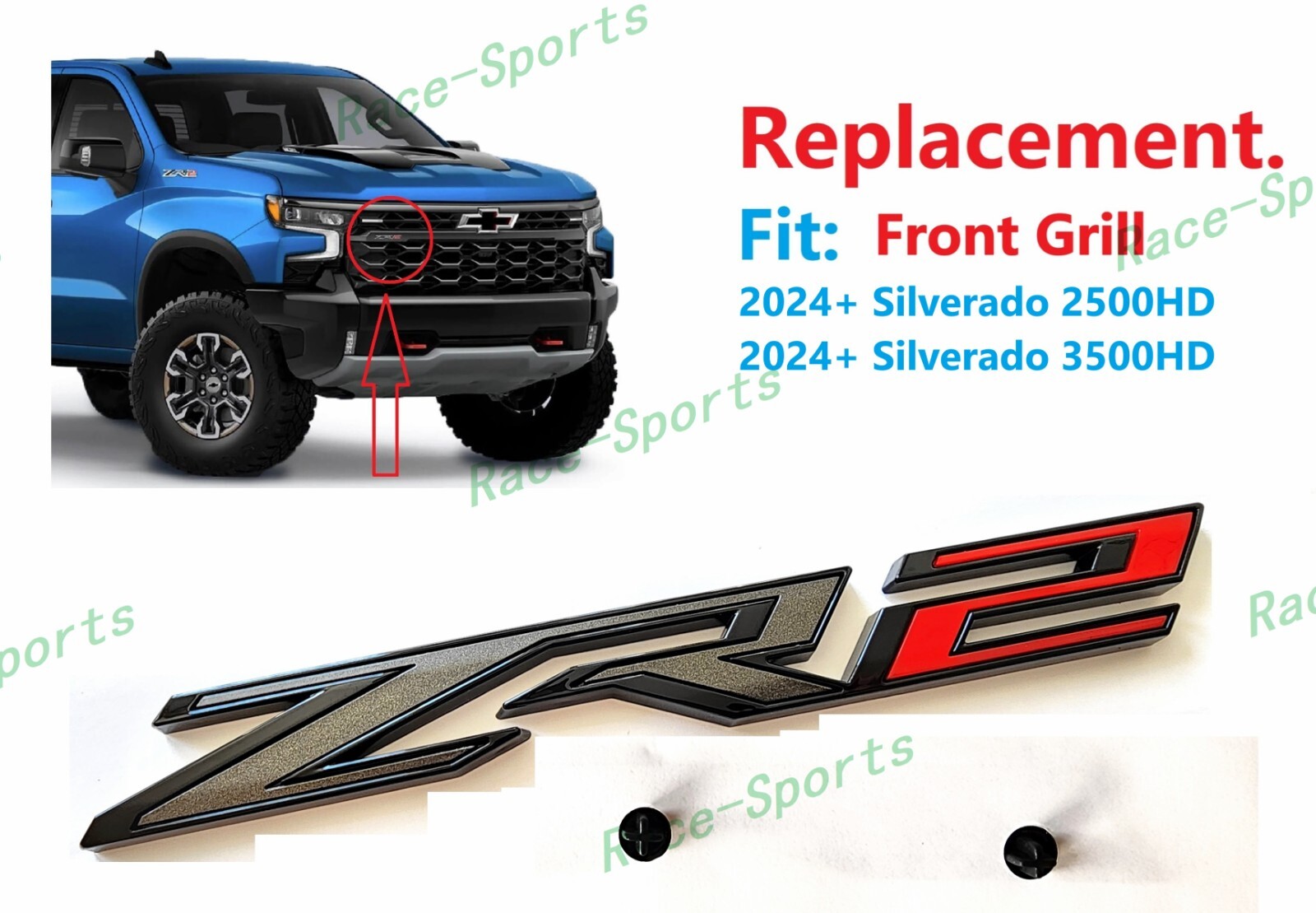1PC Gloss Black Grey Red Grille ZR2 Emblems Silverado 2024+ 2500HD 3500HD