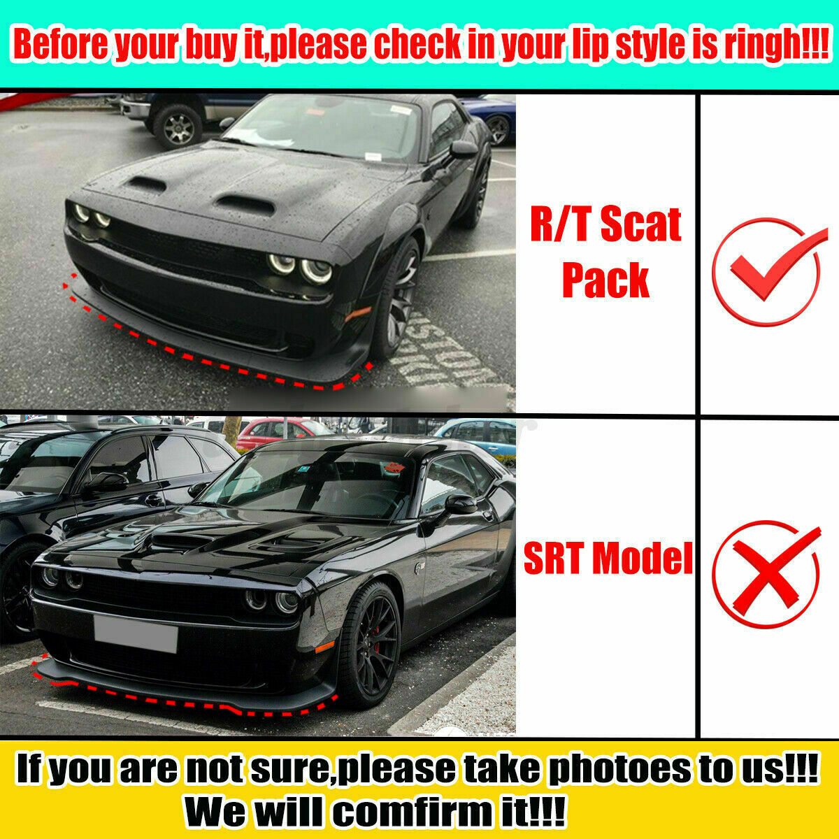 Front Bumper Lip Splitter Spoiler Trim Cover For Dodge Challenger R/T Scat Pack