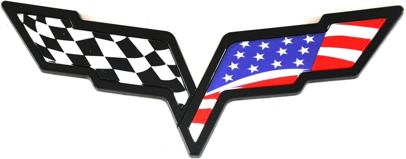 2pcs Front Hood & Rear Crossed US Flags Emblems for 2005-2013 Corvette C6 Black