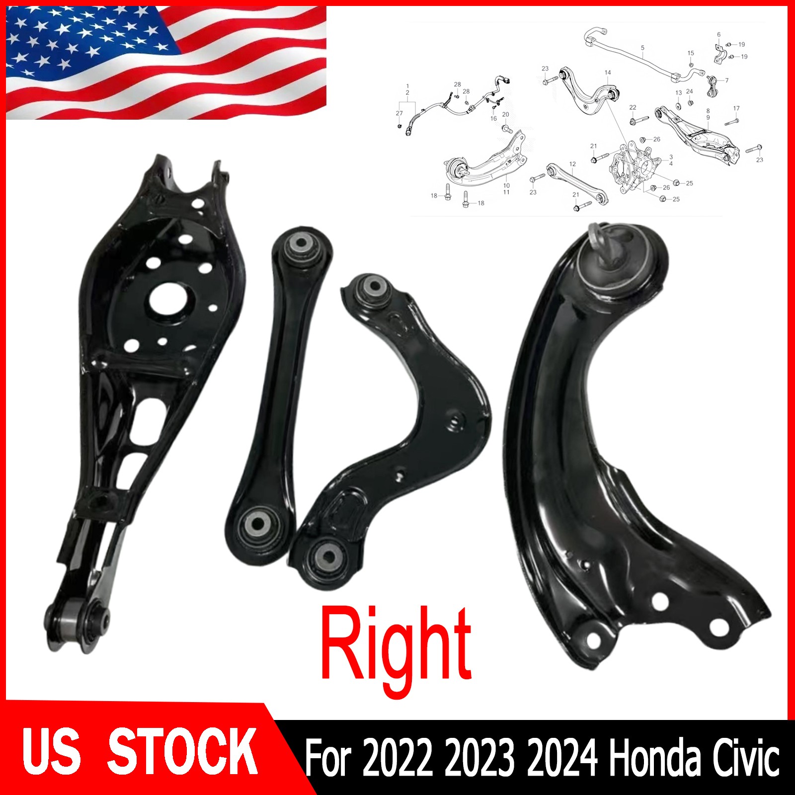 NEW For 2022 2023 2024 Honda Civic 4× Rear Right Upper & Lower Control Arm