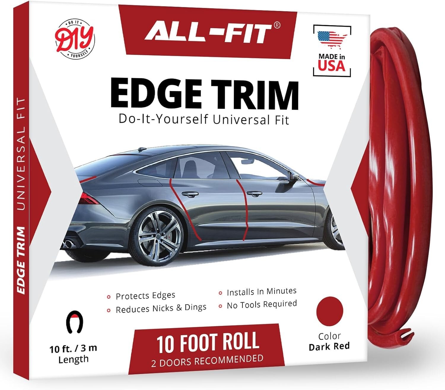 ALL-FIT Car Door Edge Protector Guard from Scratches & Dings U-Shaped (DARK RED)
