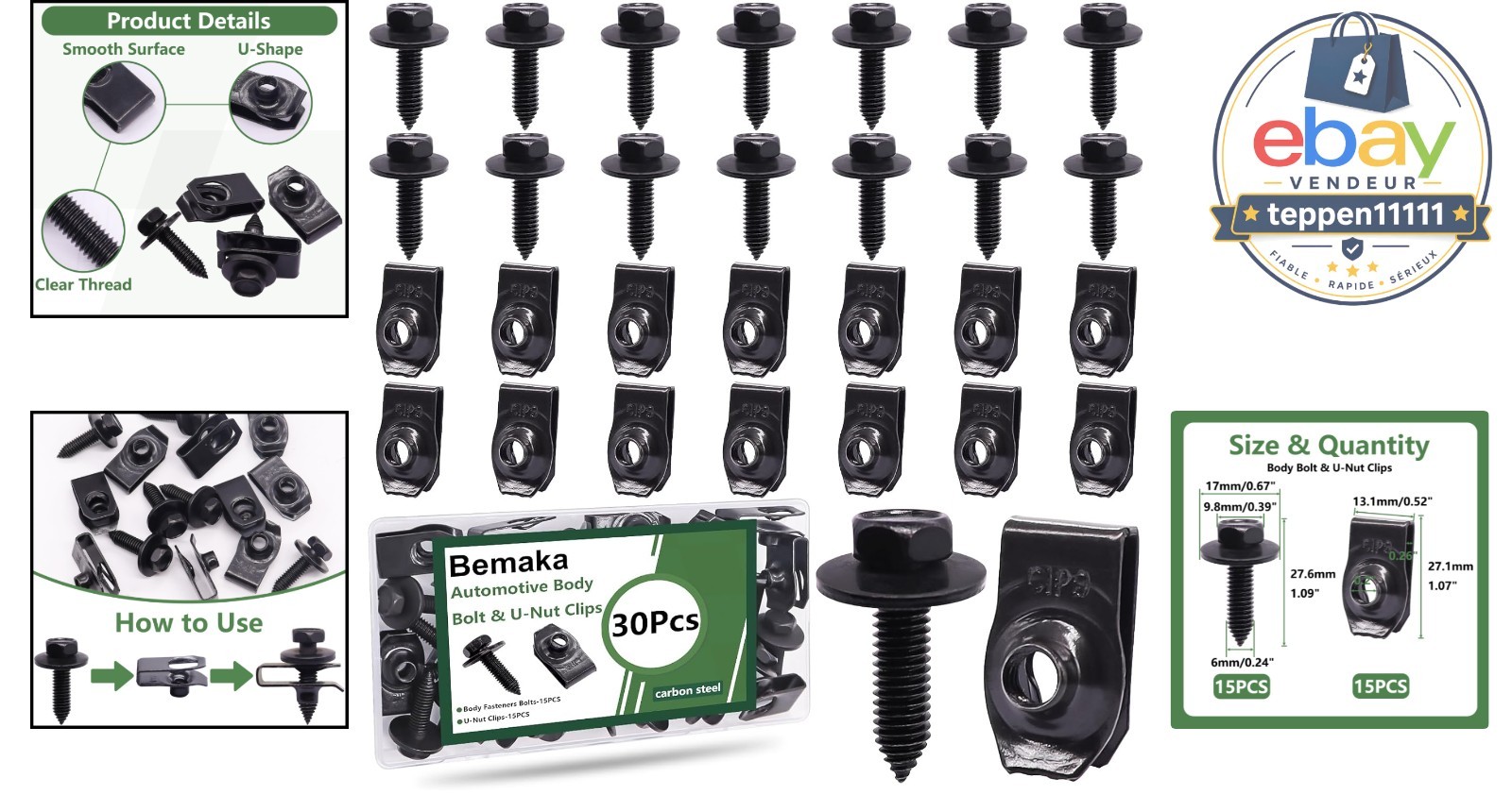 30Pcs Body Bolt & U-Nut Clips Kit for Automotive Bumper & Splash Shield
