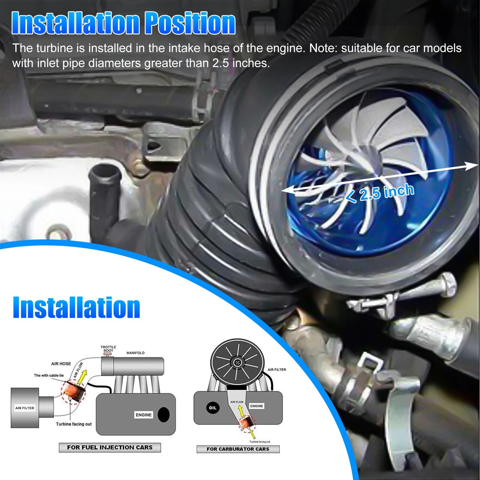 Universal 2.5″ Turbo Cold Air Intake Turbonator Hose Single Fan Fuel Gas Saver