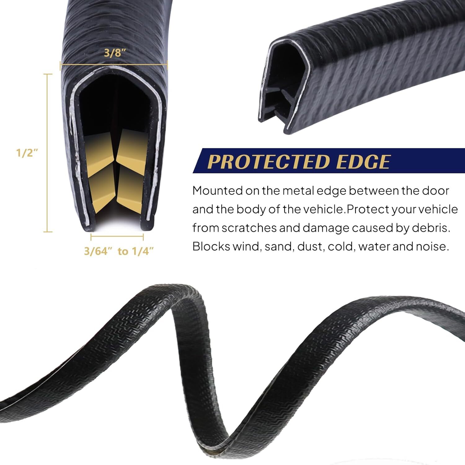 Black Edge Trim U-Channel Rubber Weatherstrip Metal Car Door Edge Sealing 20Ft