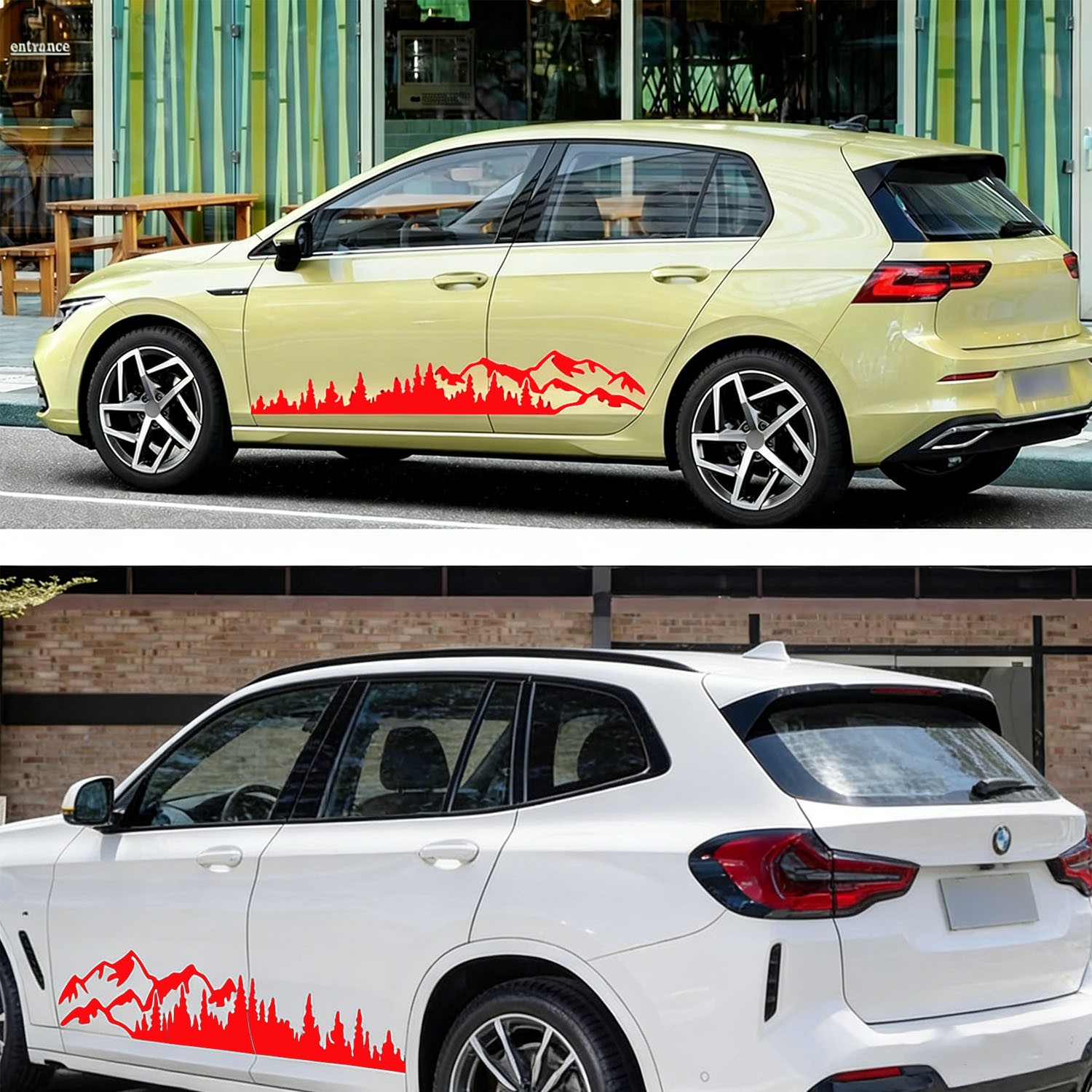 Universal 2Pcs Red Mountain Tree Forest Graphic Side Body Door Decals Stickers