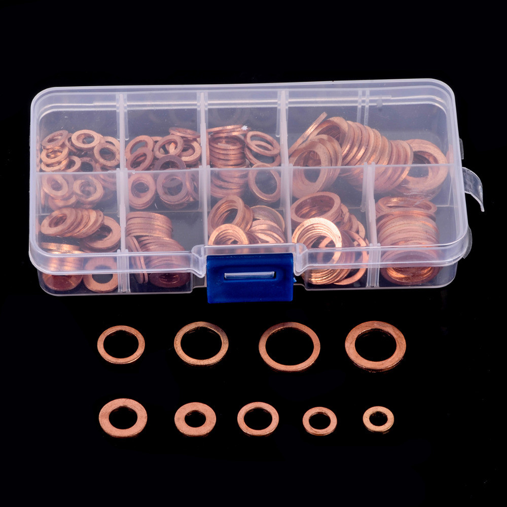200pcs Engine Oil Drain Plug Copper Crush Washer Seal O-Ring Gasket 9 Sizes Box