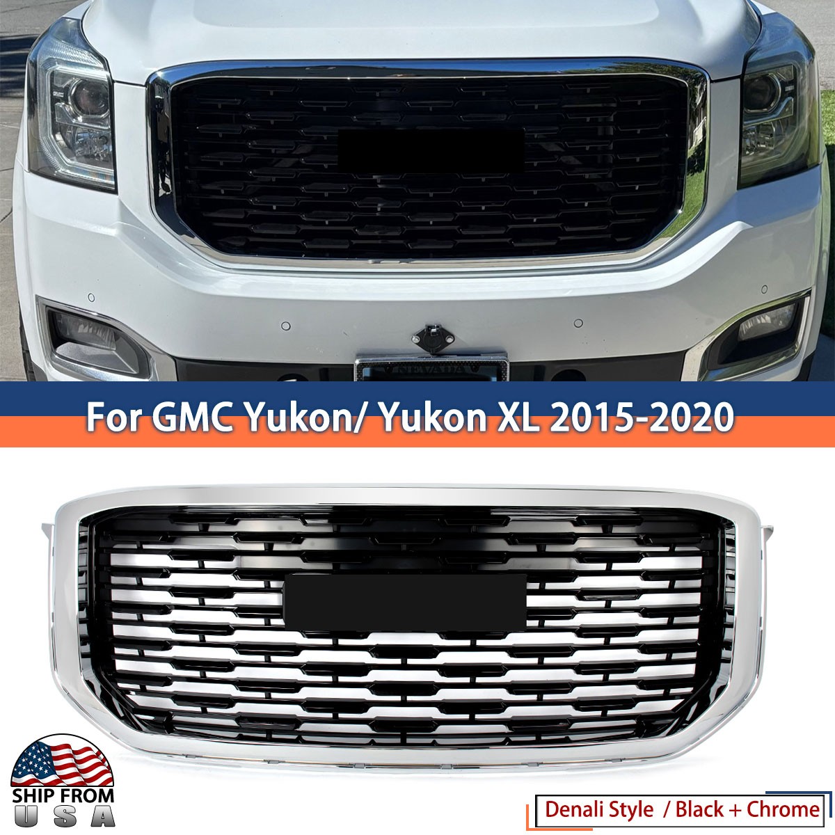 Chrome Black Front Upper Grille Mesh For GMC Yukon/ Yukon XL Denali Style 15-20
