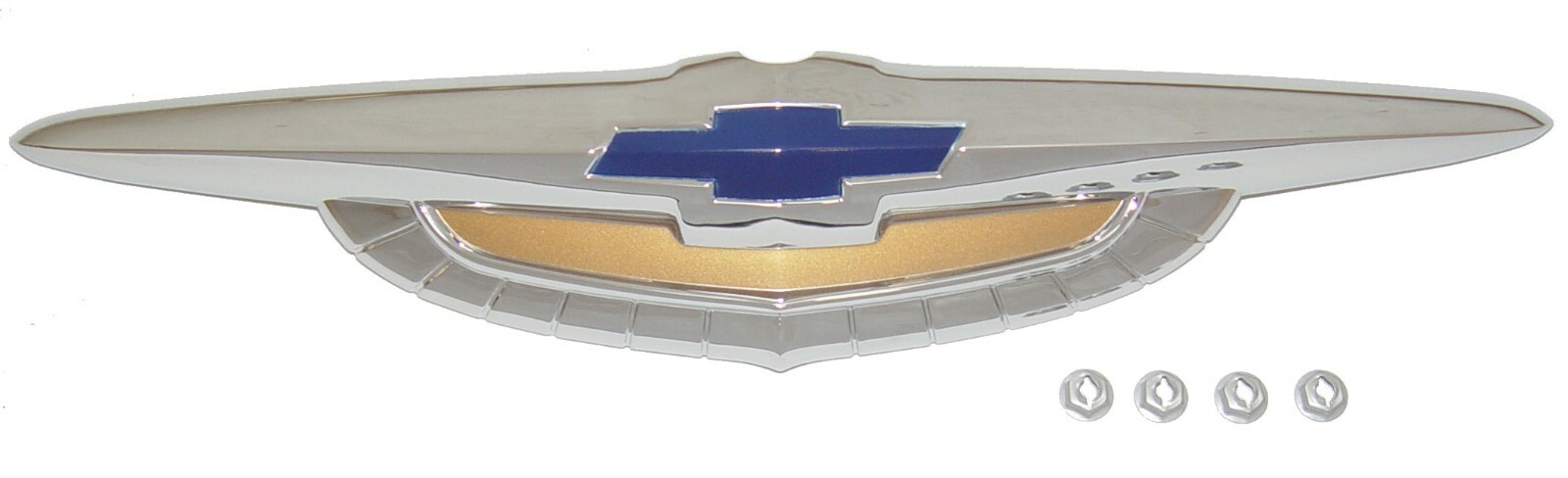 1950 CHEVY FULL SIZE CAR HOOD EMBLEM CHROME BLUE BOW TIE W/ GOLD PAINTED DETAIL*