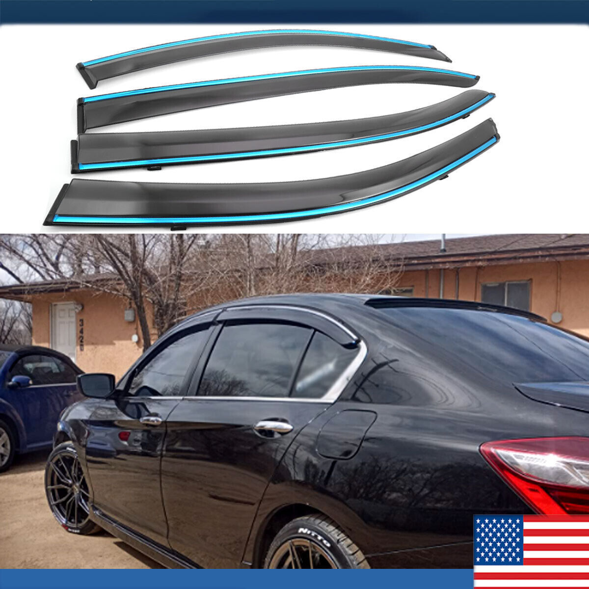 For 2013-2017 Honda Accord Sedan Window Visors Vent Rain Guards w/ Chrome Trim