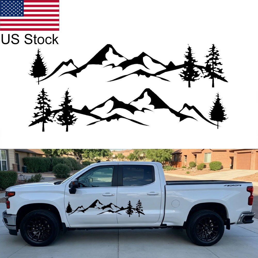 2pcs 78” Black Mountain Tree Forest Graphic Decal Side Body Door Vinyl Stickers