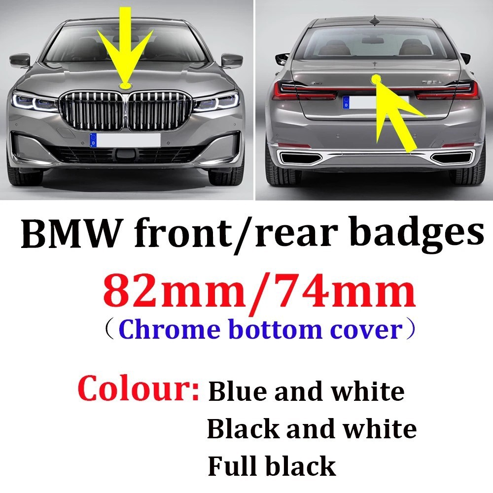 2PCS Emblem Front Hood & Rear Trunk (82mm+ 74mm) For BMW black characters badges