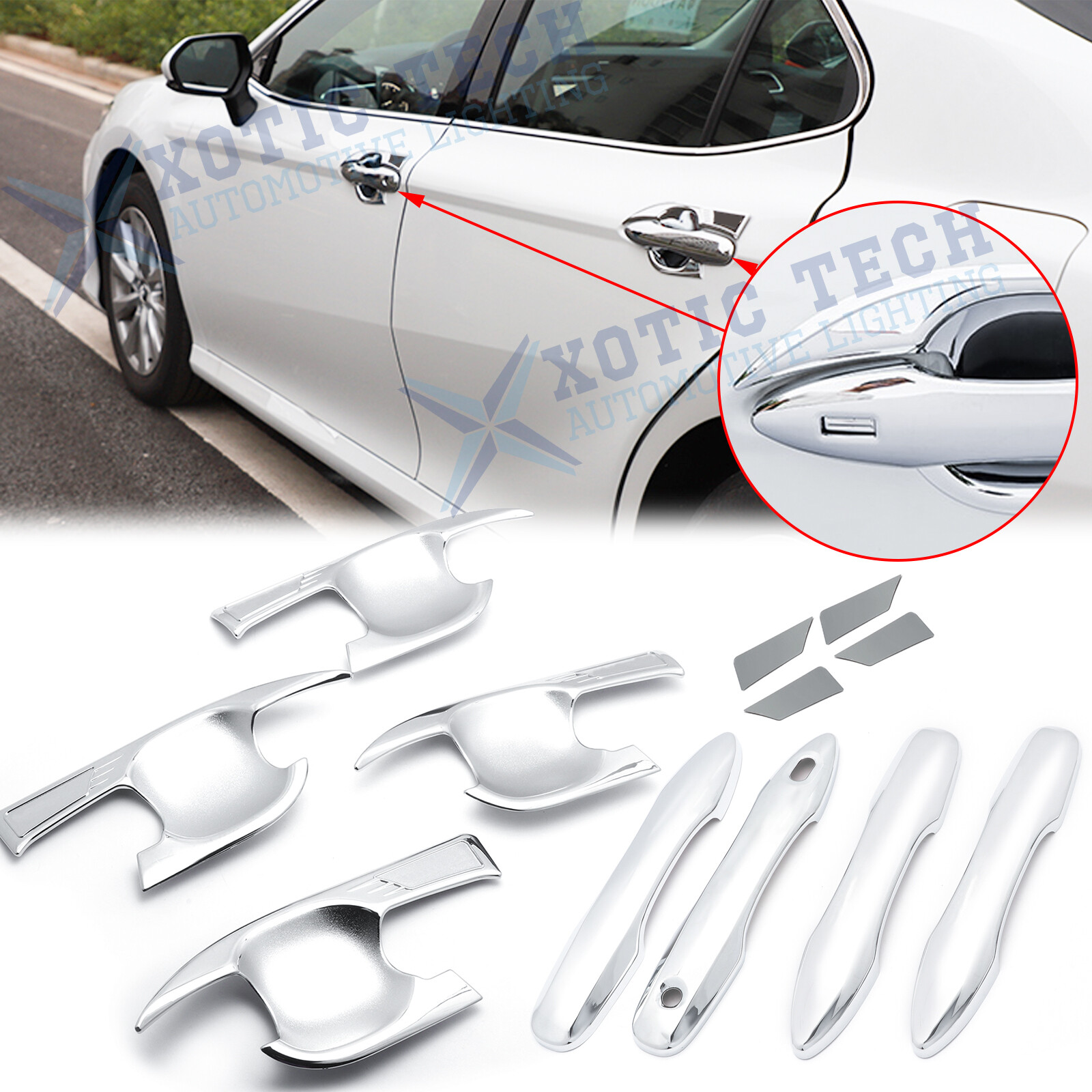 Chrome Side Door Handle + Door Handle Bowl Cover Trim For Toyota Camry 2018-2024