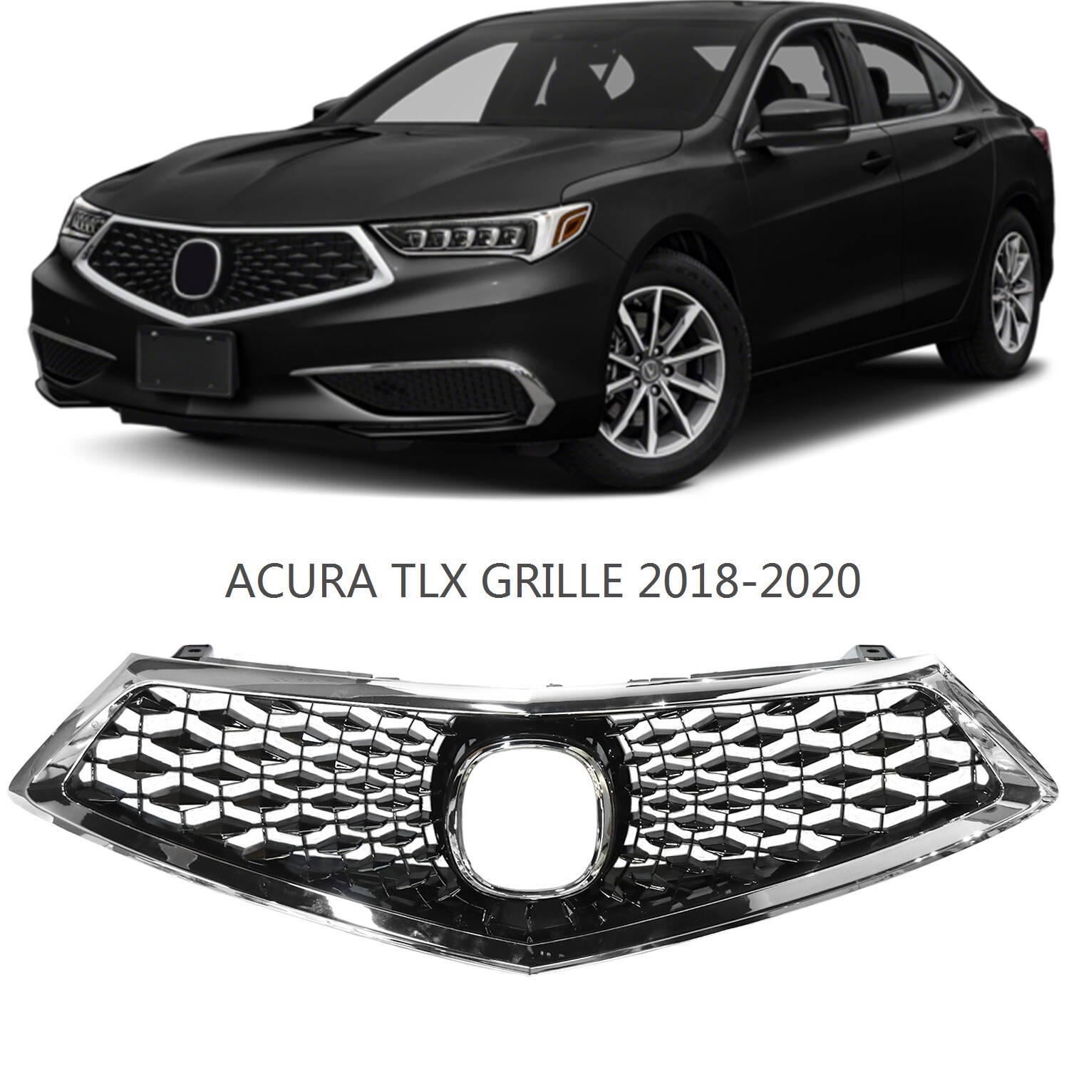 Black Front Bumper Upper Grille Grill W/Chrome Trim Fit 2018 2019 2020 Acura TLX