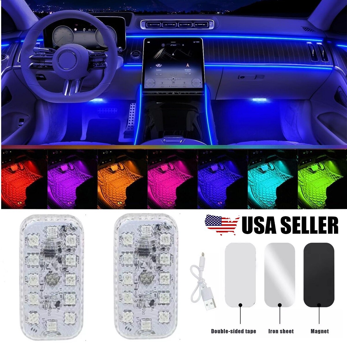 2×Multicolor LED Light Car Atmosphere Ambient Lights Bright Lamp Car Accessories