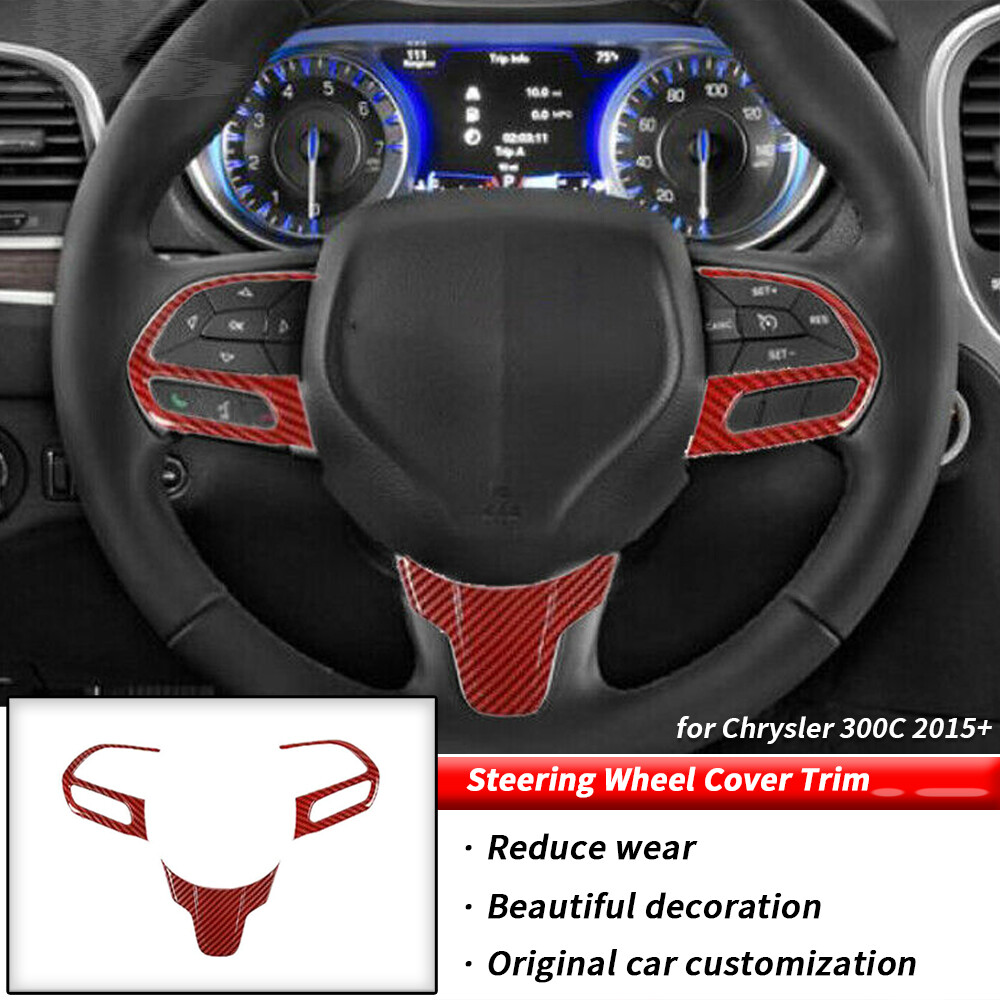 For 2015+ Chrysler 300 Interior Steering Wheel Cover Trim Bezels Set Red Carbon