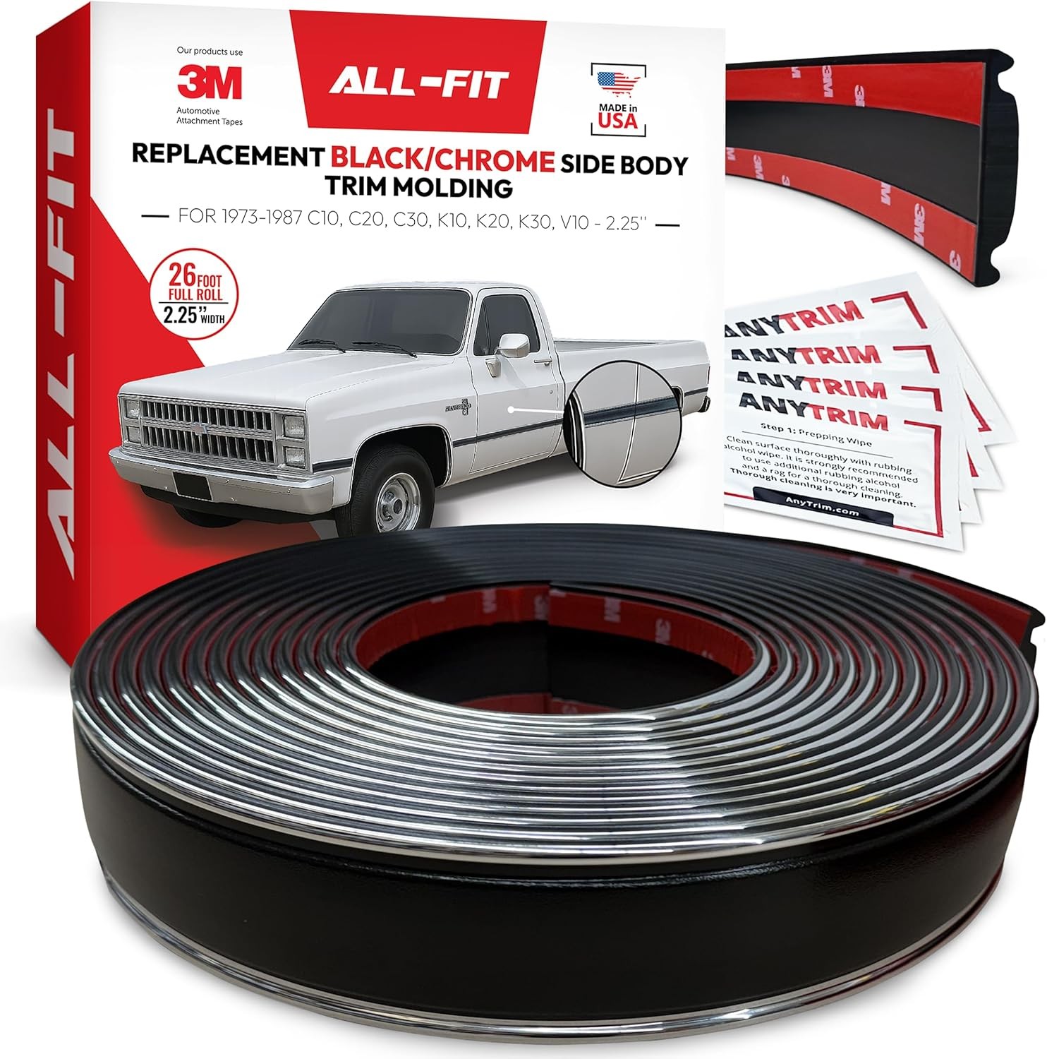 ALL-FIT Black Chrome Square Body Side Molding 73-87 Chevy C10 GMC Truck 2.25″