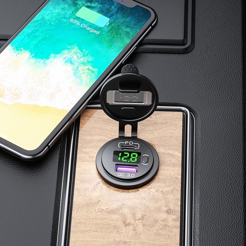 12V QC3.0 Dual USB Car Fast Charger Socket Power Outlet LED Voltmeter Waterproof