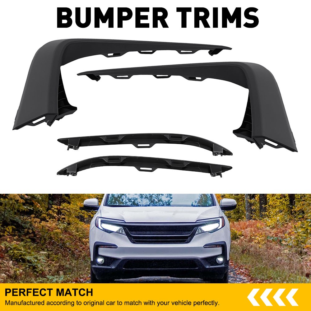 4Pc Front Upper&Lower Bumper Cover Molding Trims L+R Black For Honda Pilot 19-22