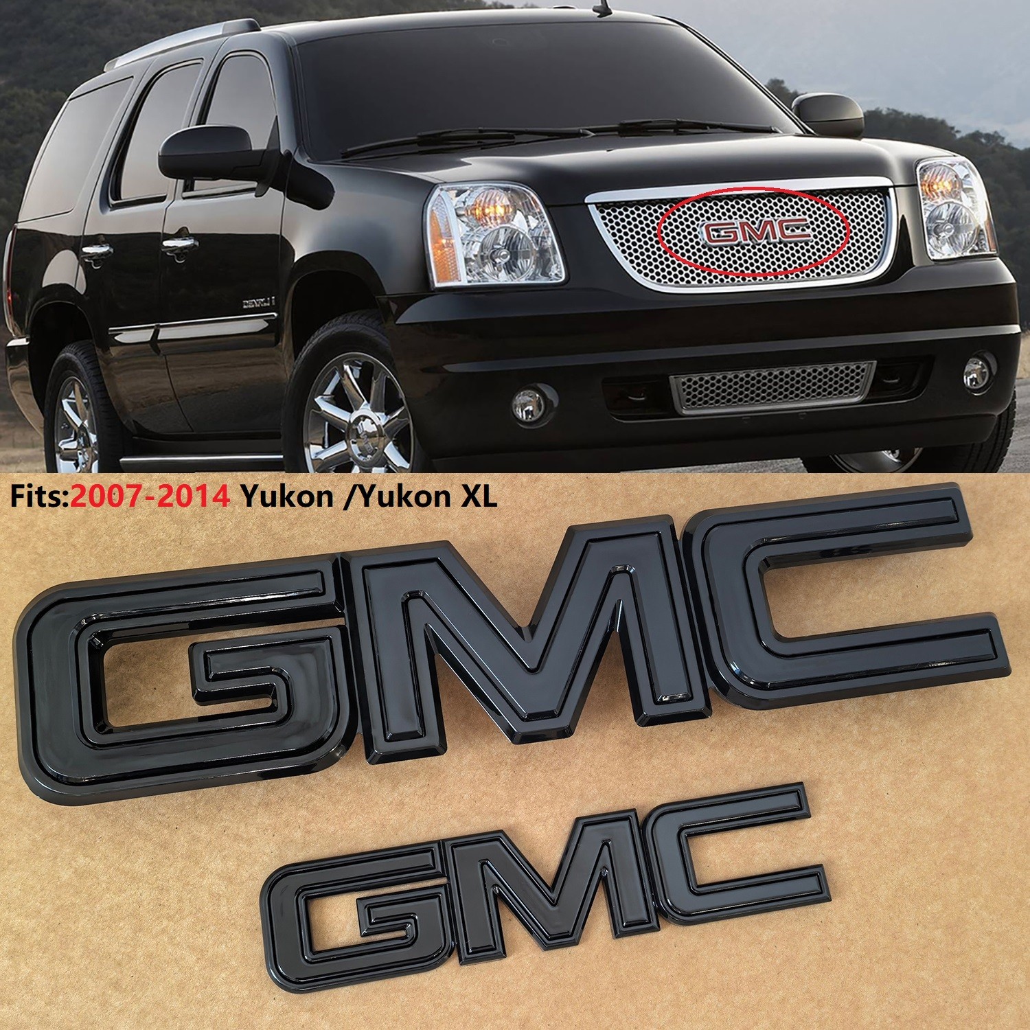 2007-2014 Kit OEM Grille & Rear GMC Emblem Badge for Yukon / XL Gloss Black