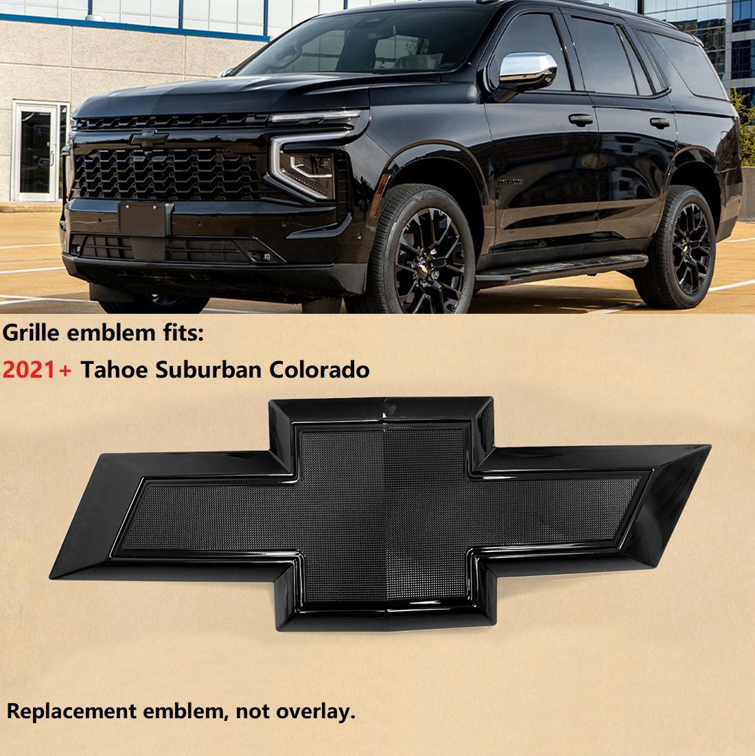 2021+ OEM Grille Bowtie Emblem Badge 3D for Tahoe Suburban Colorado Gloss Black