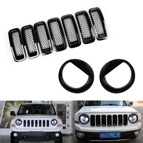 Front Grille Mesh Insert Cover Trim+Angry Bird Headlight Cover for Jeep Patriot