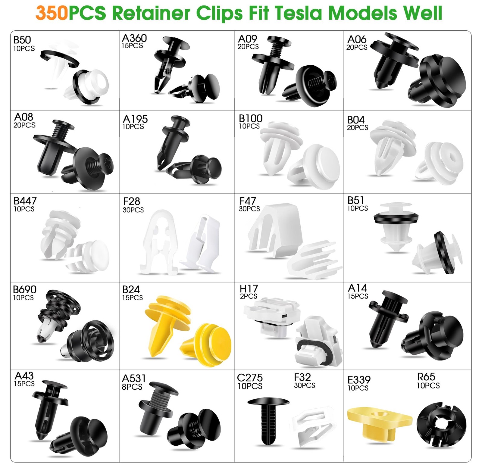 350PCS Tesla Retainer Clips & Rivets Set – 22 Sizes Tesla Clips Tesla Bumper …