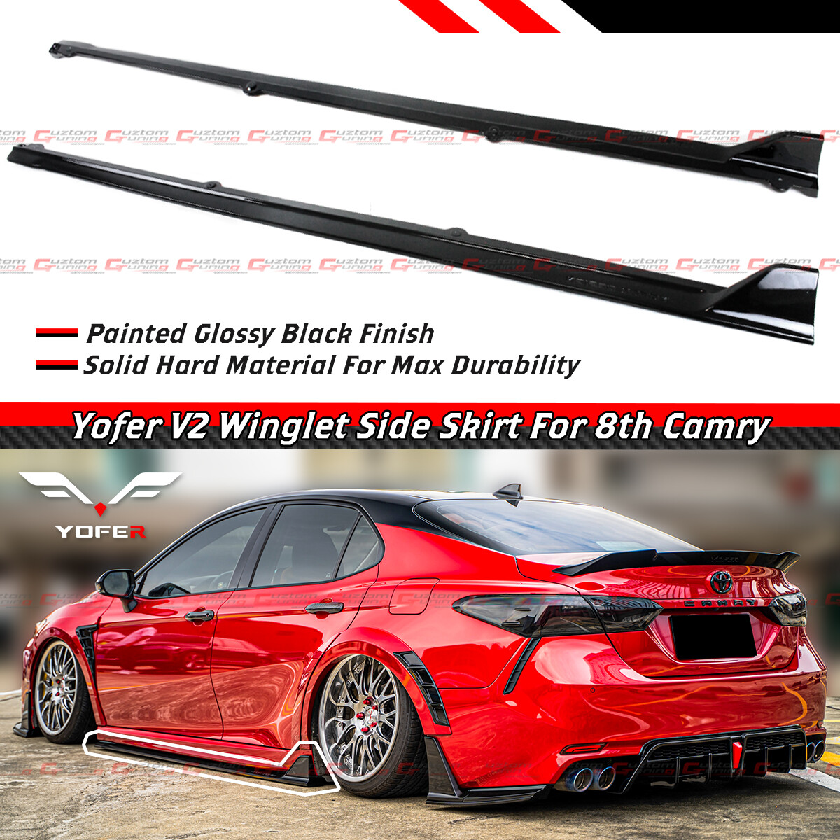 For 18-23 Toyota Camry Yofer V2 Solid Gloss Black Side Skirt Extension Splitter