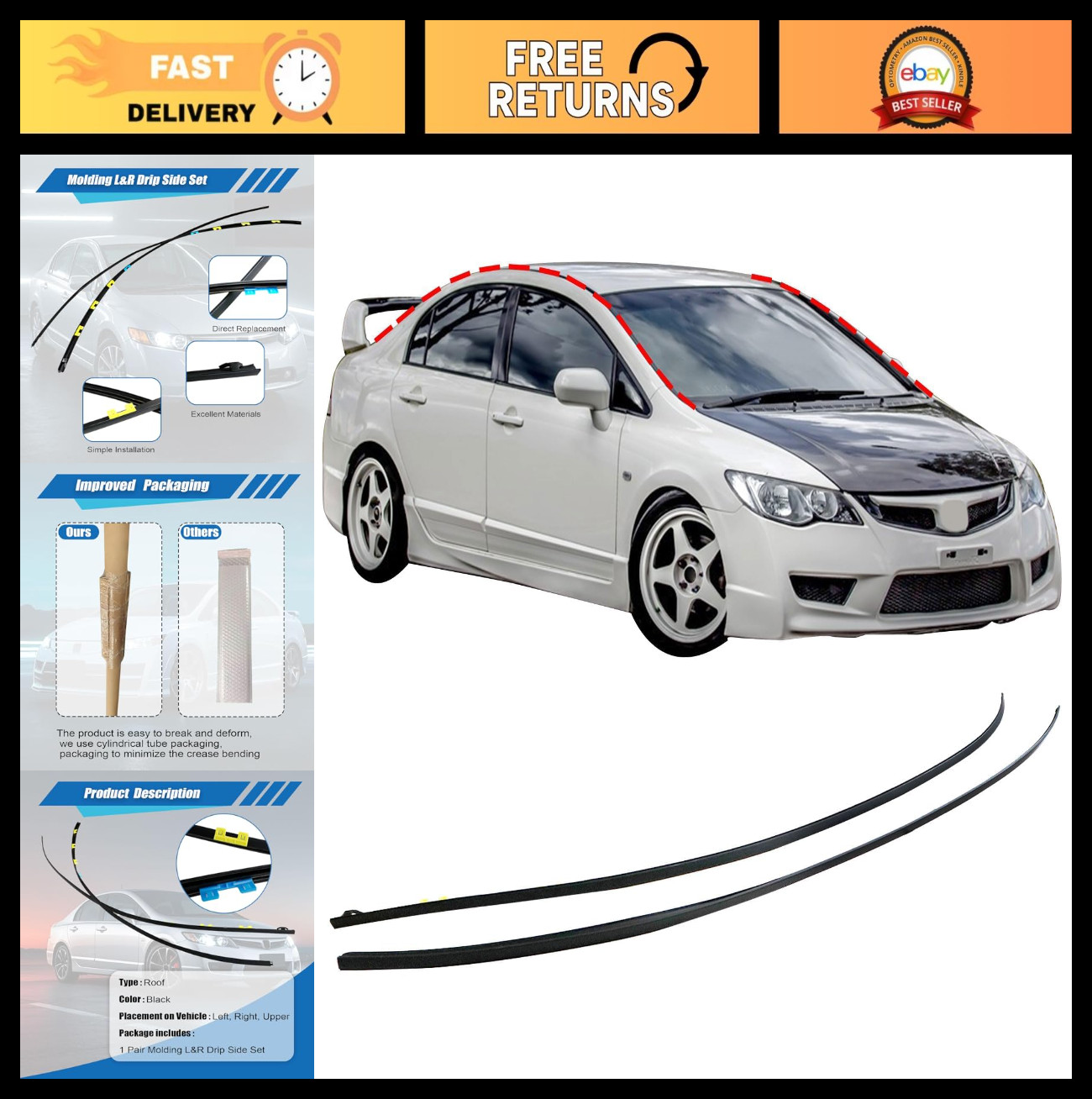 Molding Drip Side Set for Honda Civic 2006-2011 | Windshield Roof Trim 1.3L 1.8L