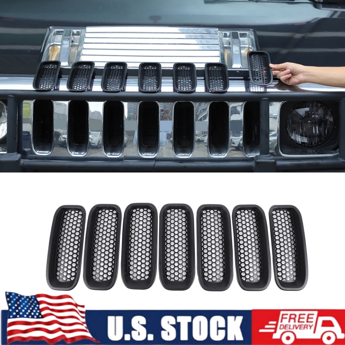 7PCS Front Grille Inserts Cover Trim Accessories Black For Hummer H2 2003-2009