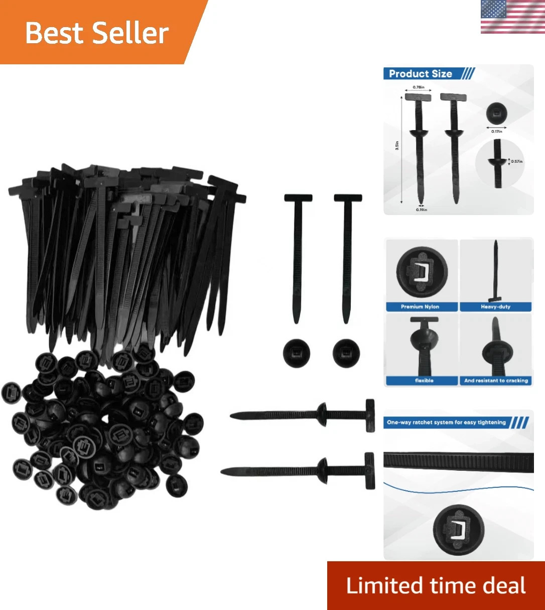100Pcs Automotive Nylon Cable Tie Fastener Kit – Universal Car Zip Tie Buckle C
