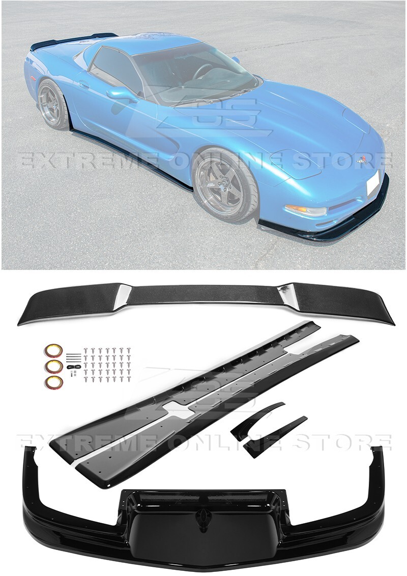 For 97-04 Corvette C5 ZR1 GLOSSY BLACK Front Vented Lip Side Skirts Rear Spoiler