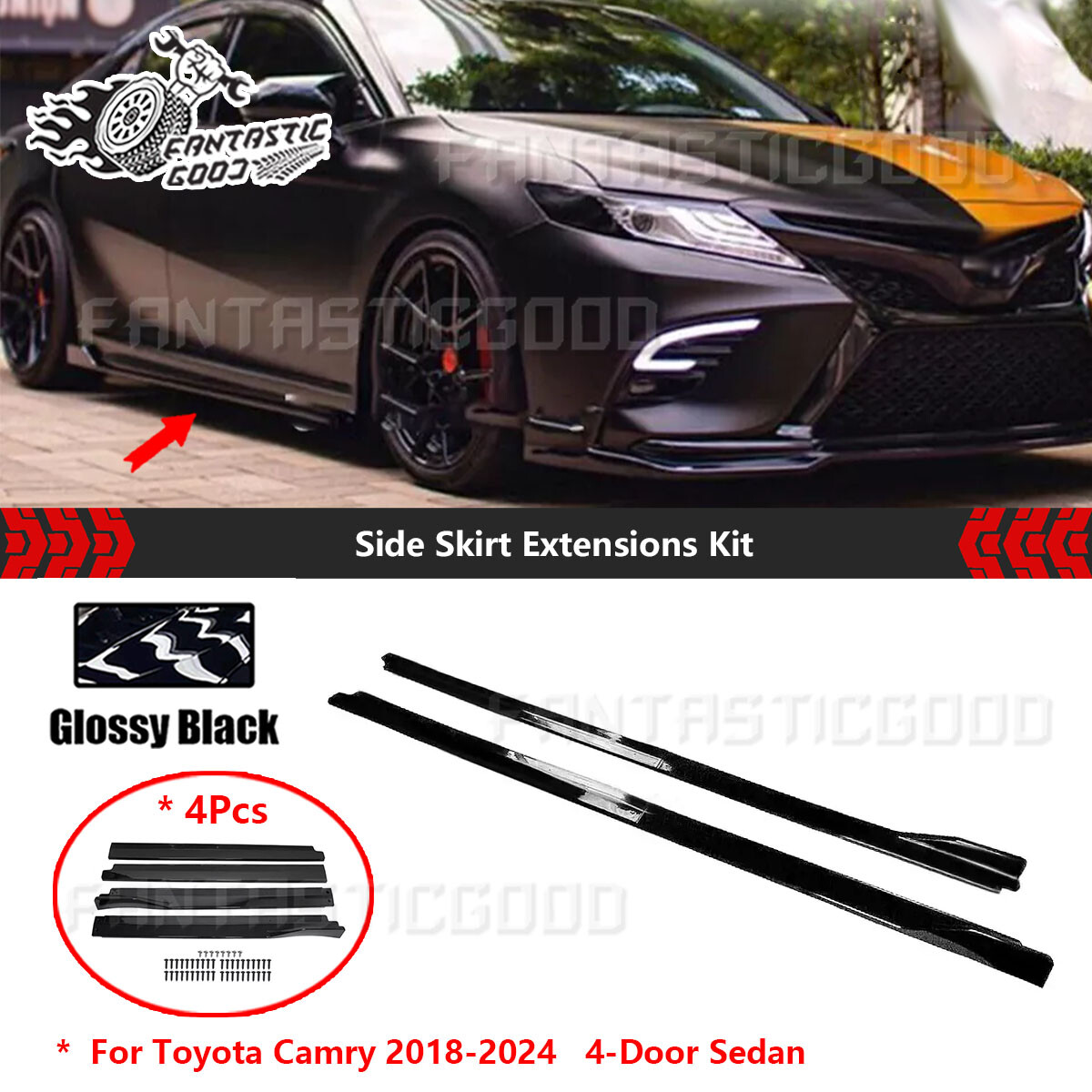 For Toyota Toyota Camry 2018-24丨TRD Style Glossy Black Side Skirt Extension 4Pcs