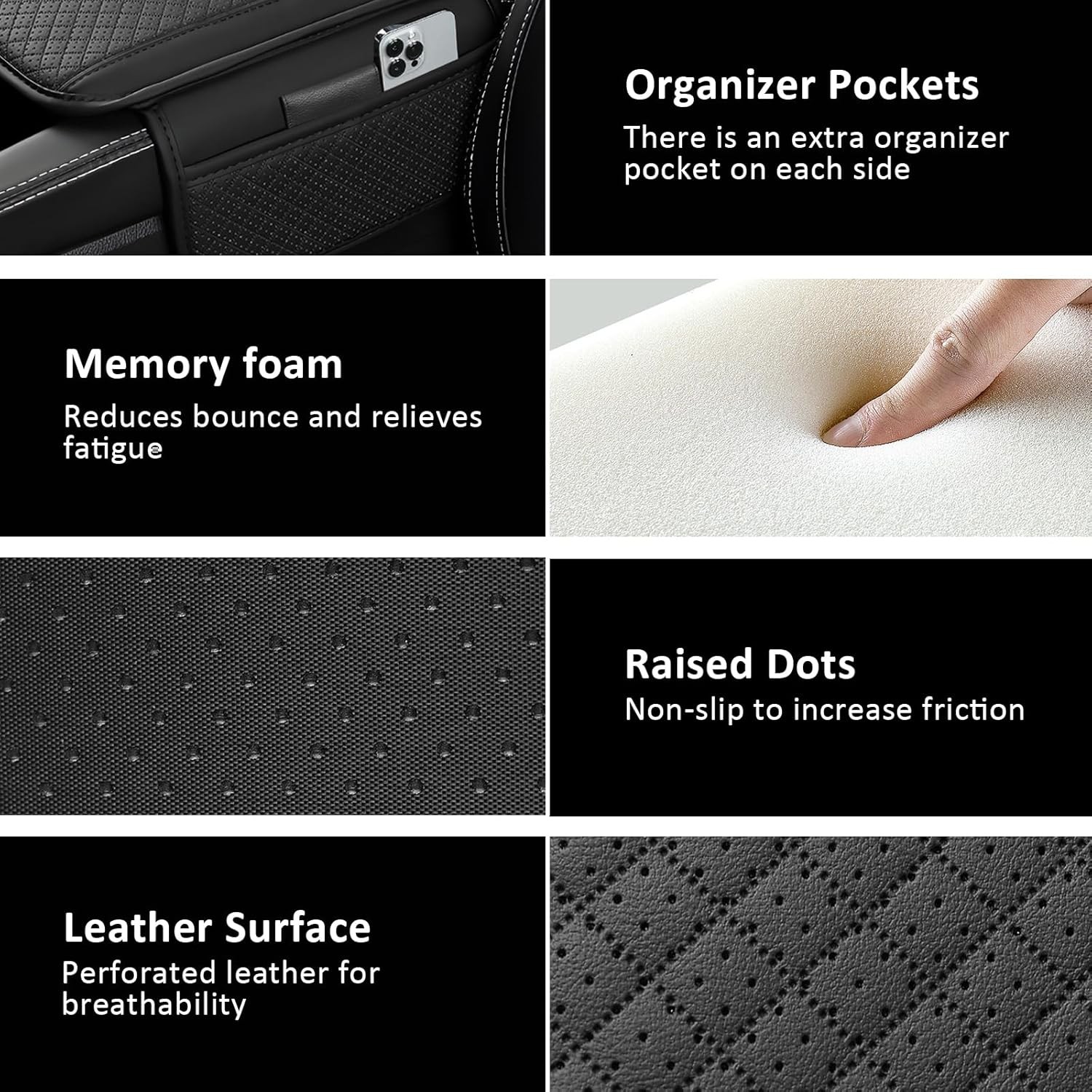 Car Armrest Cushion Cover Center Console Box Pad Mat with Two Pockets BLACK