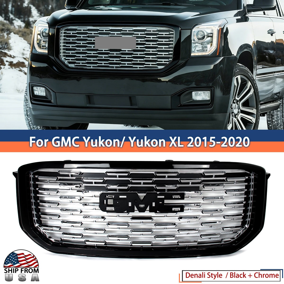 For GMC Yukon / XL 2015-2020 Denali Style Front Upper Grille w/Chrome Trim ABS
