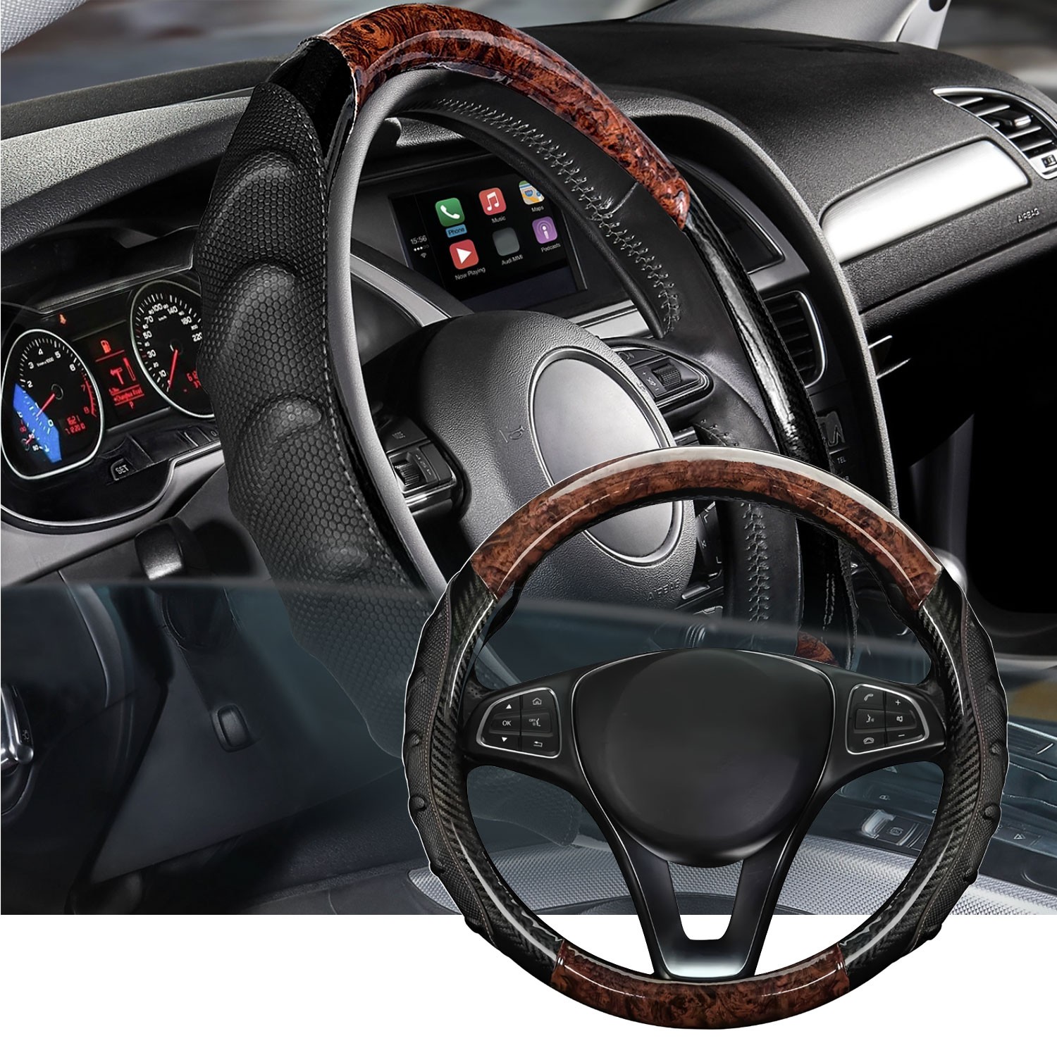 Car Steering Wheel Cover Wood Grain Microfiber Leather For Ford Anti-Slip Lining