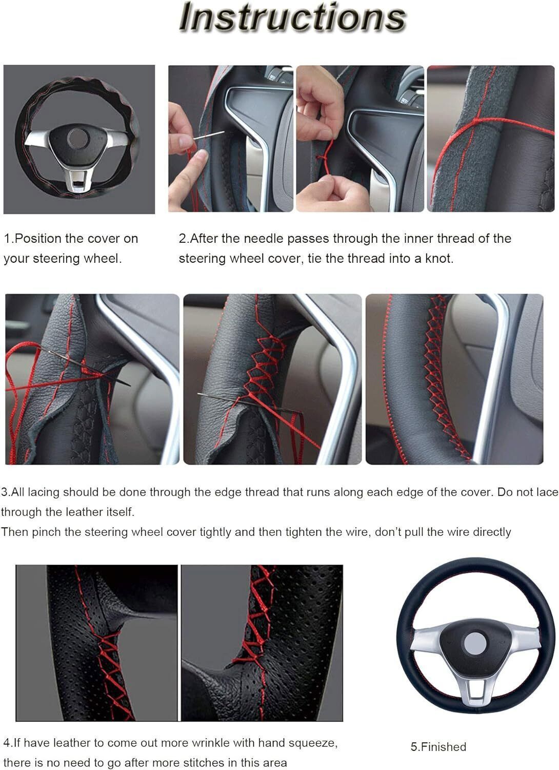 Universal Car Steering Wheel Cover Needle Thread AntiSlip Leather Black 15″/38cm