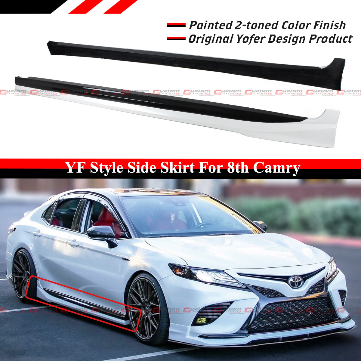 For 2018-2023 8th Gen Toyota Camry Pearl White Black 2 Tone Side Skirt Extension