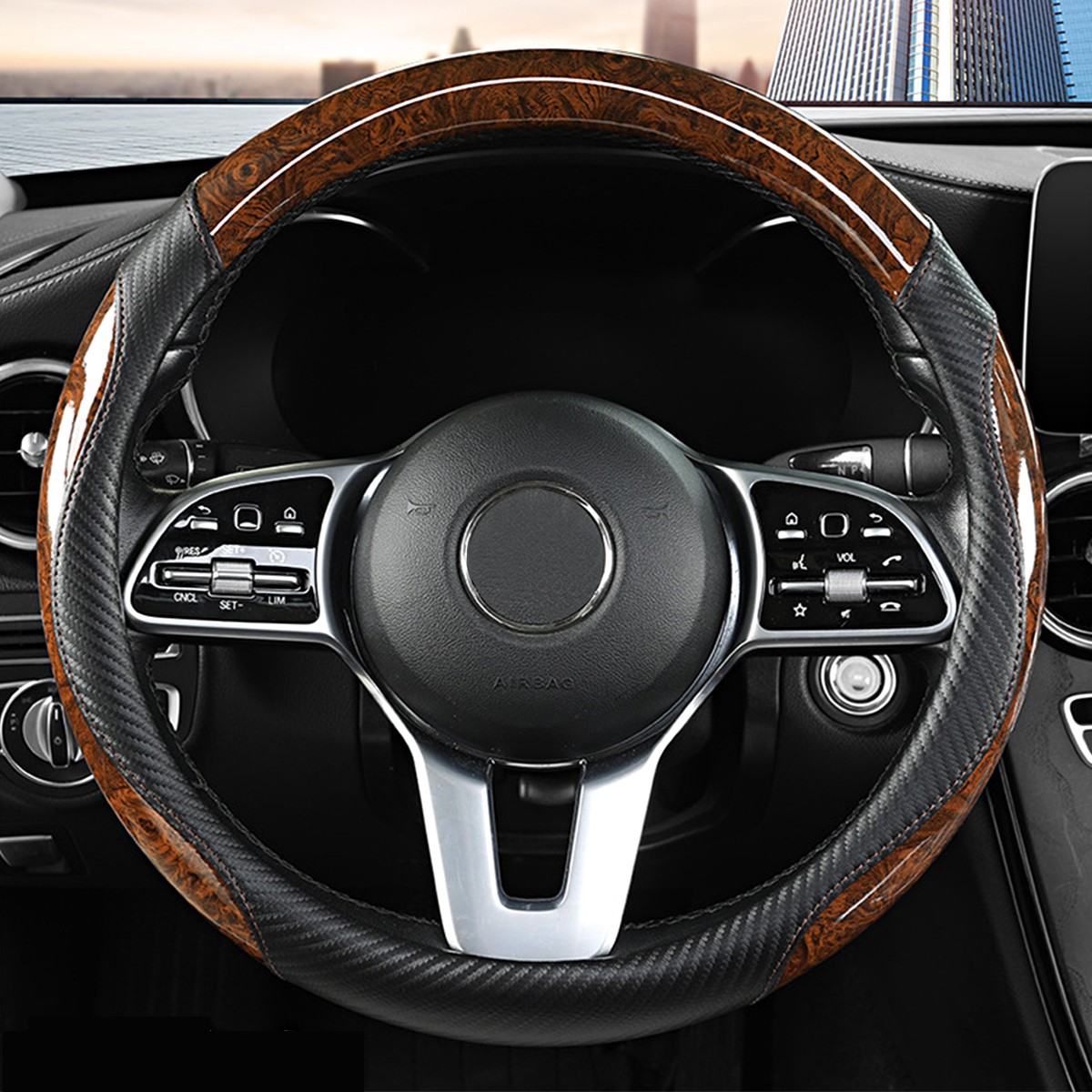 For BMW Car Steering Wheel Cover Wood Grain & Carbon Fiber Non-Slip Accessories
