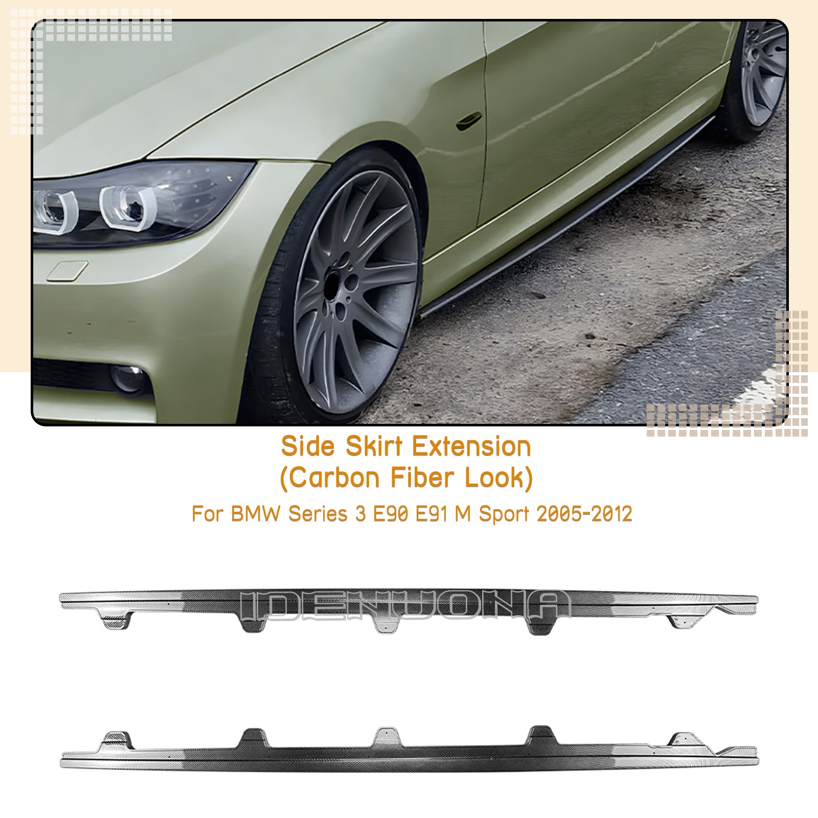 Carbon Fiber Look Side Skirt Extension For BMW 3 Series E90 E91 M Sport 2005-12