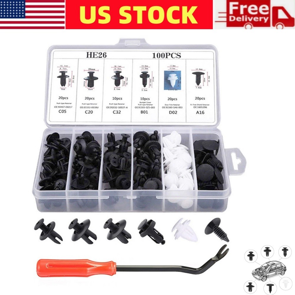 100PCS Car Bumper Retainer Clips Plastic Rivets Screws Push Pin Fender Clips Kit