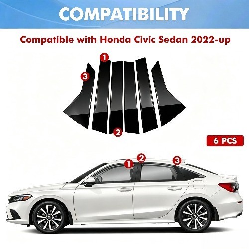 6pcs Glossy Black PC Window BC Pillar Post Cover Trim For Honda Civic 2022-2026