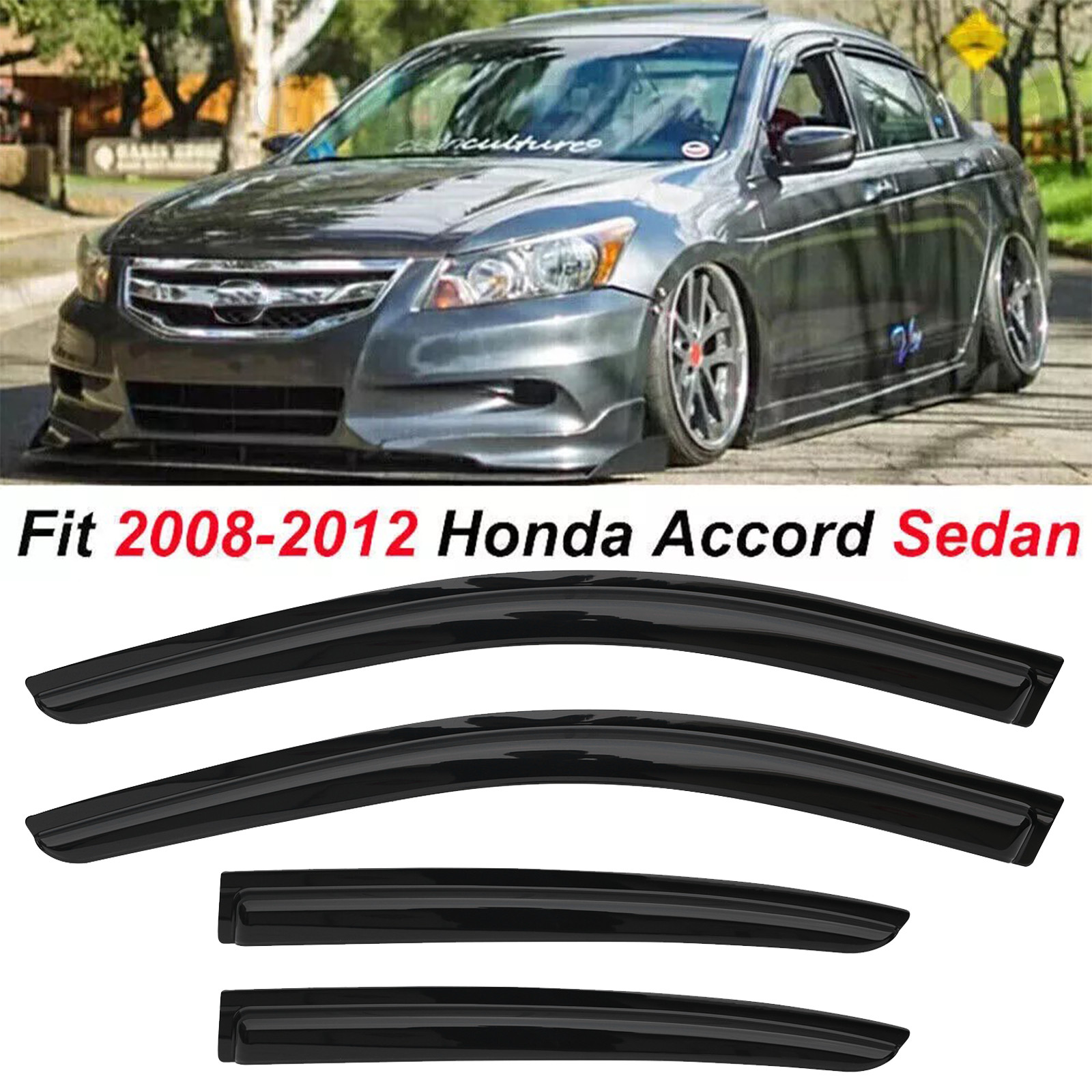 For 2008-2012 Honda Accord Sedan Window Visor Rain Guard Vent Gloss Black 4Pcs